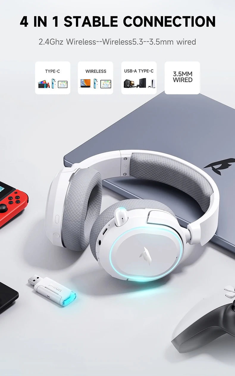 Picun G2 Wireless Gaming Headset Bluetooth 5.3 – 7.1 Surround Sound, 5ms Low Latency Gaming Headphones with ENC Microphone for PC, PS5, PS4, Switch & Mobile