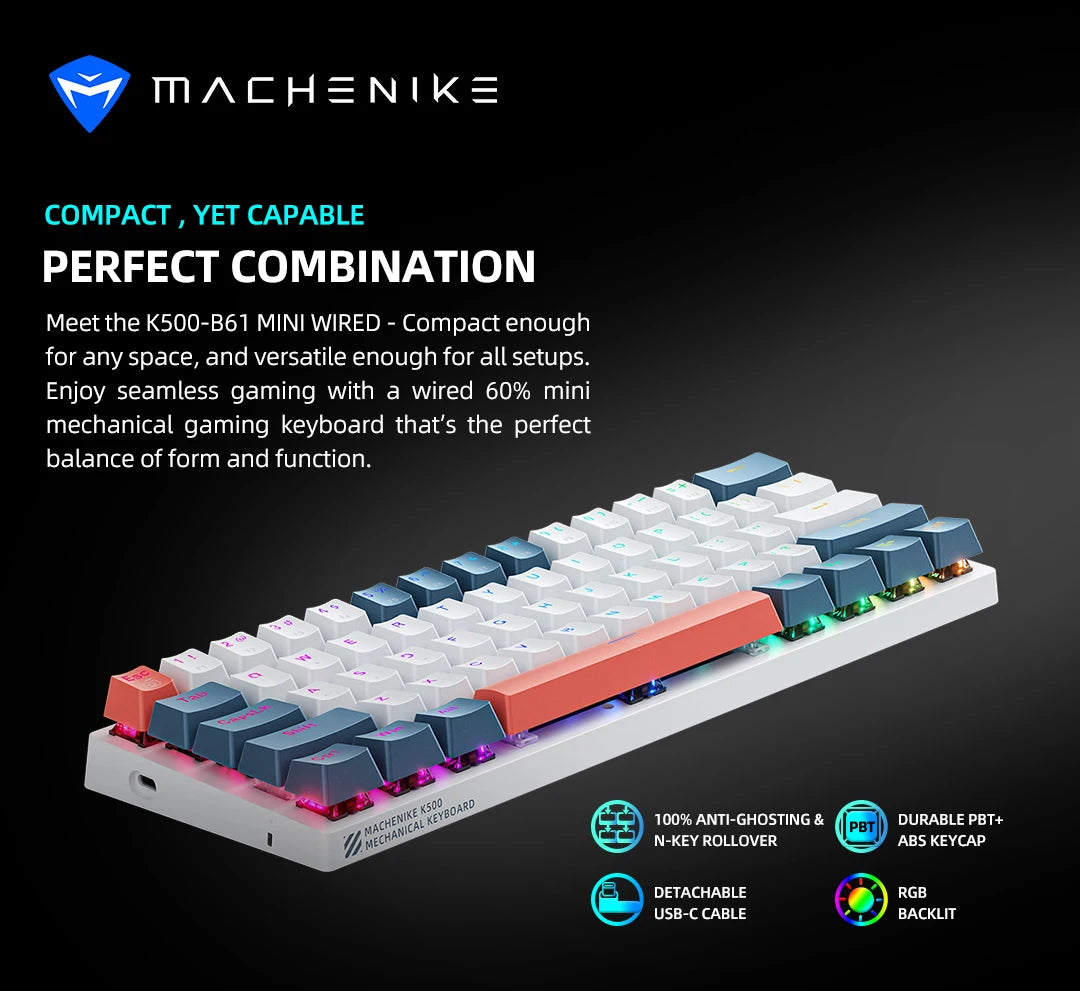 MACHENIKE K500-B61 Mini Mechanical Keyboard 60% Wired Gaming Keyboard, 61-Key Hot-Swappable RGB Backlit Mechanical Keyboard with PBT Keycaps