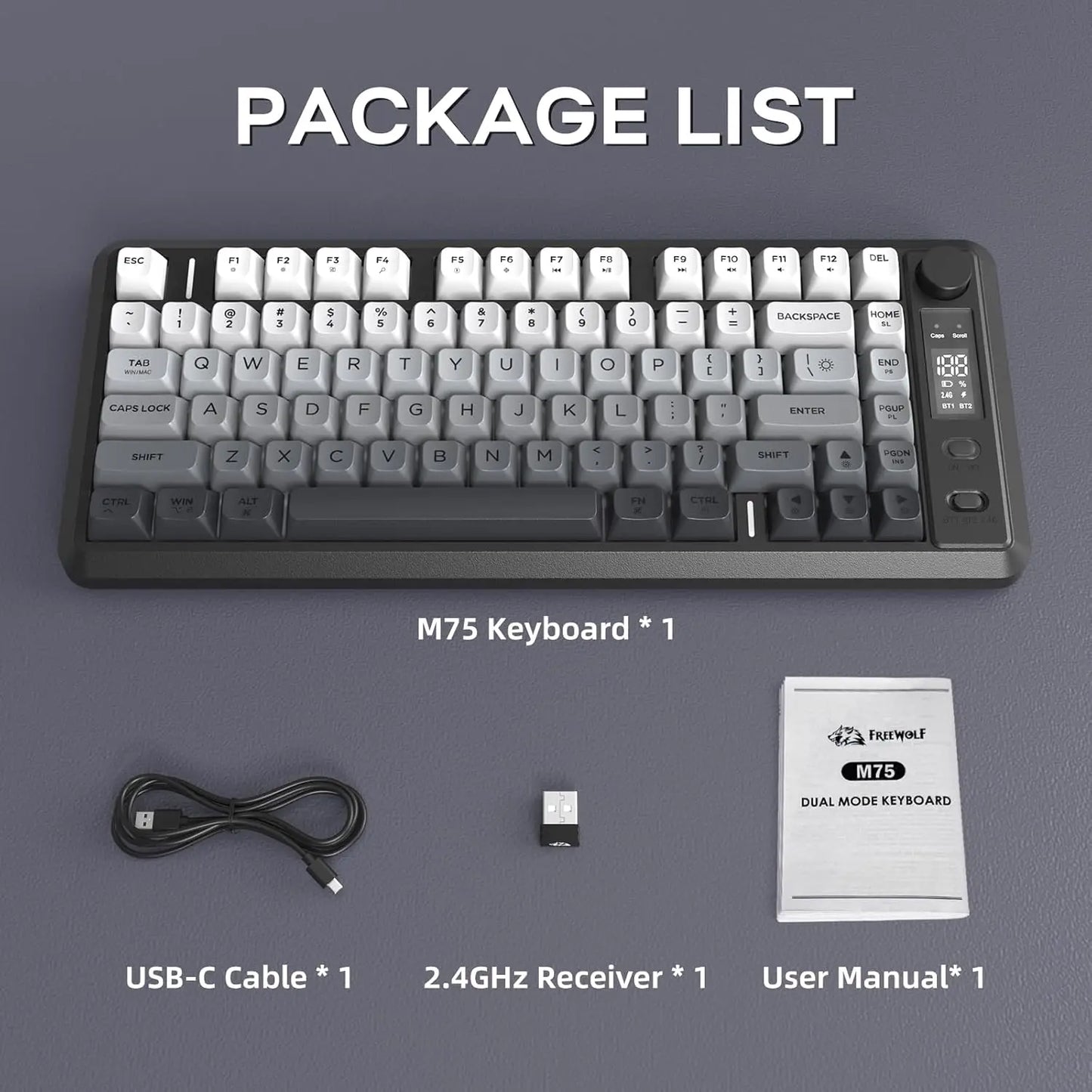ATTACK SHARK M75 Wireless Membrane Gaming Keyboard with OLED Display, Bluetooth & 2.4GHz Tri-Mode, RGB Backlit PBT Keycaps, Multifunction Knob