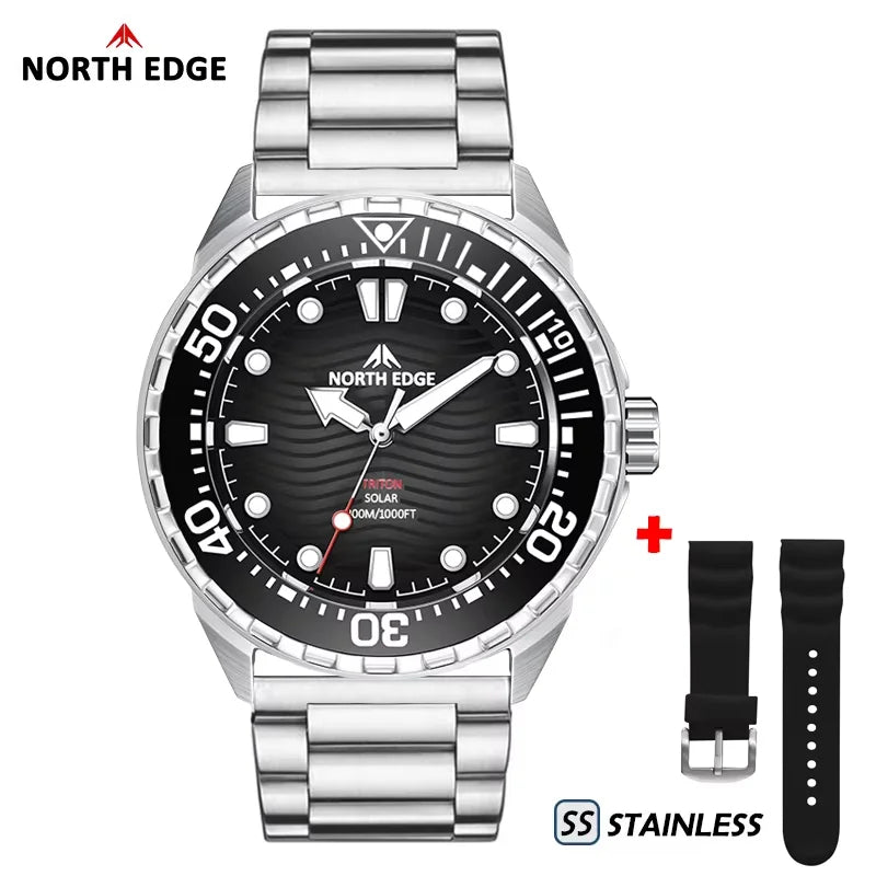 NORTH EDGE TRITON-TI Titanium Stainless Solar-Powered Diving Watch Luxury Quartz Watches For Men 300M Waterproof 180+ Day Power