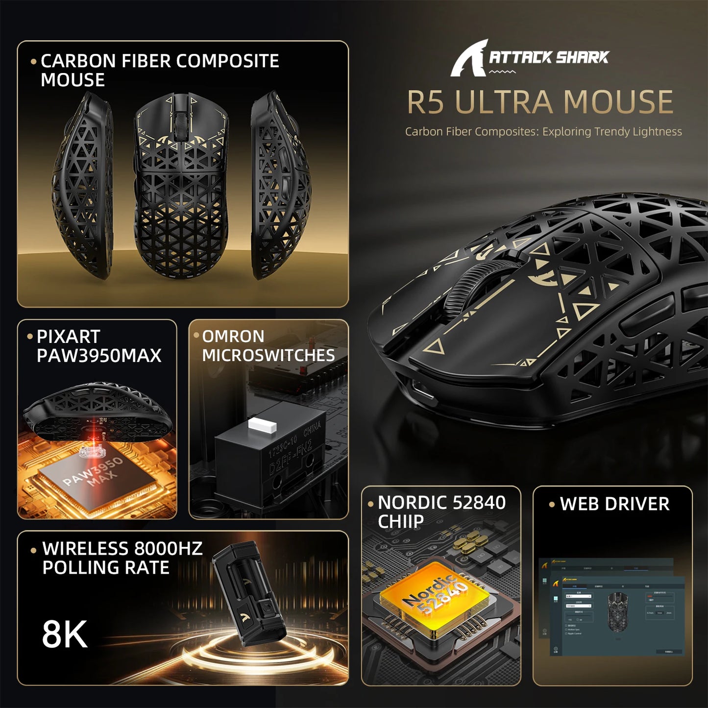 ATTACK SHARK R5 Ultra Carbon Fiber Wireless Gaming Mouse, 42g Lightweight Gaming Mouse, PAW3950MAX Sensor, 42000 DPI, 8000Hz, Tri-Mode Connectivity