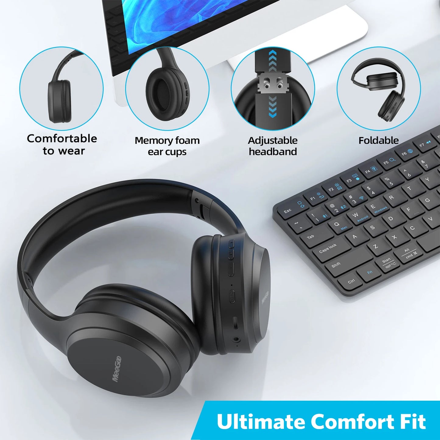 MeeGoo Bluetooth 5.4 Wireless Headphones Foldable Stereo Headset with Super Bass, ANC Noise Reduction Mic, Waterproof Design for Laptop PC TV
