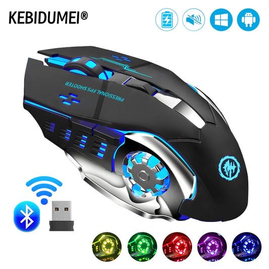 Dobíjecí bezdrátová herní myš pro počítač, tichá Bluetooth myš USB, mechanická e-sportovní podsvícená PC Gamer myš pro počítač