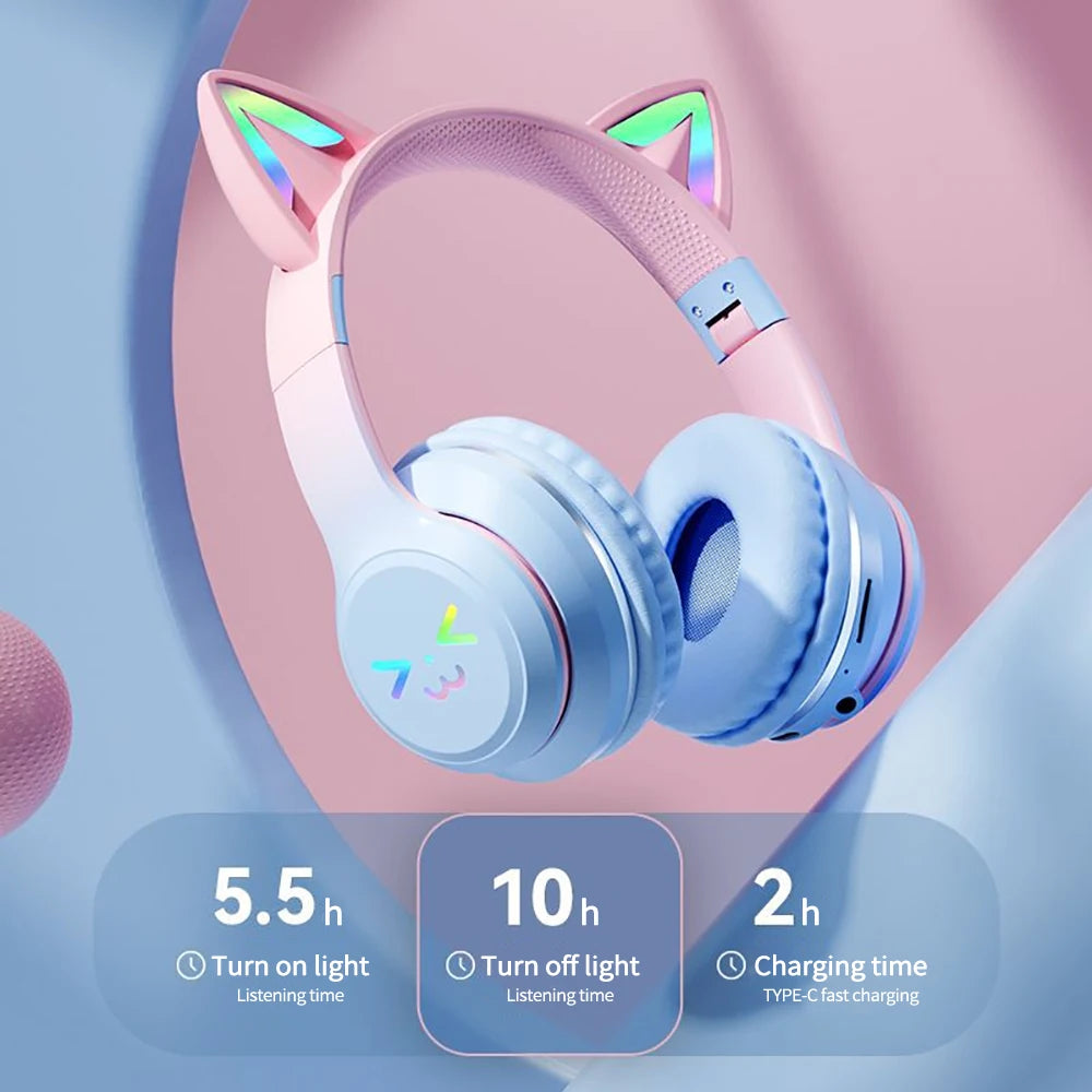 RGB Cat Ear Wireless Bluetooth Headphones for Kids & Girls, LED Light Stereo Gaming Headset with Microphone, Foldable Bluetooth Cat Ear Headphones