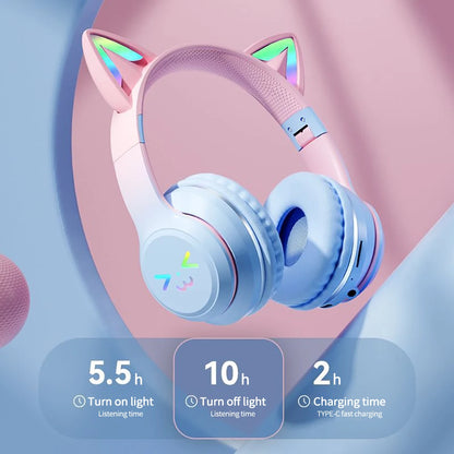 RGB Cat Ear Wireless Bluetooth Headphones for Kids & Girls, LED Light Stereo Gaming Headset with Microphone, Foldable Bluetooth Cat Ear Headphones