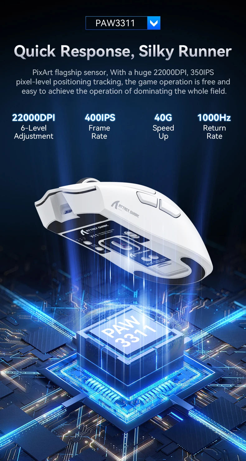 ATTACK SHARK X11 Tri-Mode Wireless Gaming Mouse 22000DPI PAW3311 Sensor Lightweight RGB Mouse with Fast Charging for PC Gaming