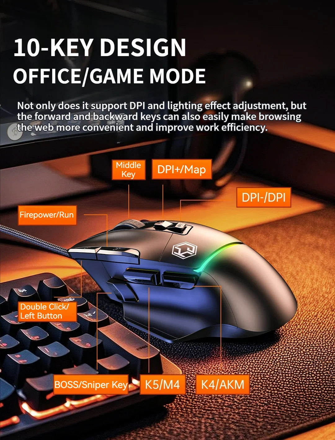 Xundler GK502 Wired Gaming Mouse RGB Lights, 12800 DPI Ergonomic Wired Gaming Mouse with 10 Programmable Macro Buttons for PC Gamers