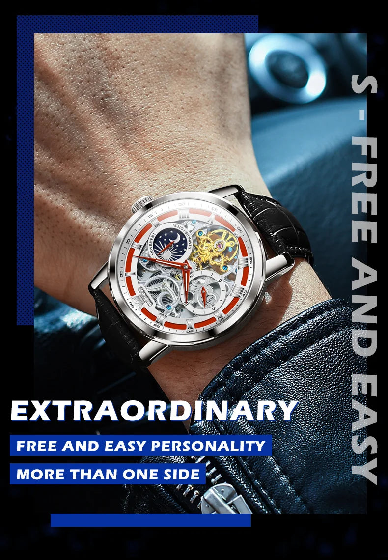 OLEVS Top Brand Men's Skeleton Mechanical Watch Waterproof Leather Strap Men Moon Phase Automatic Tourbillon Wristwatch for Men