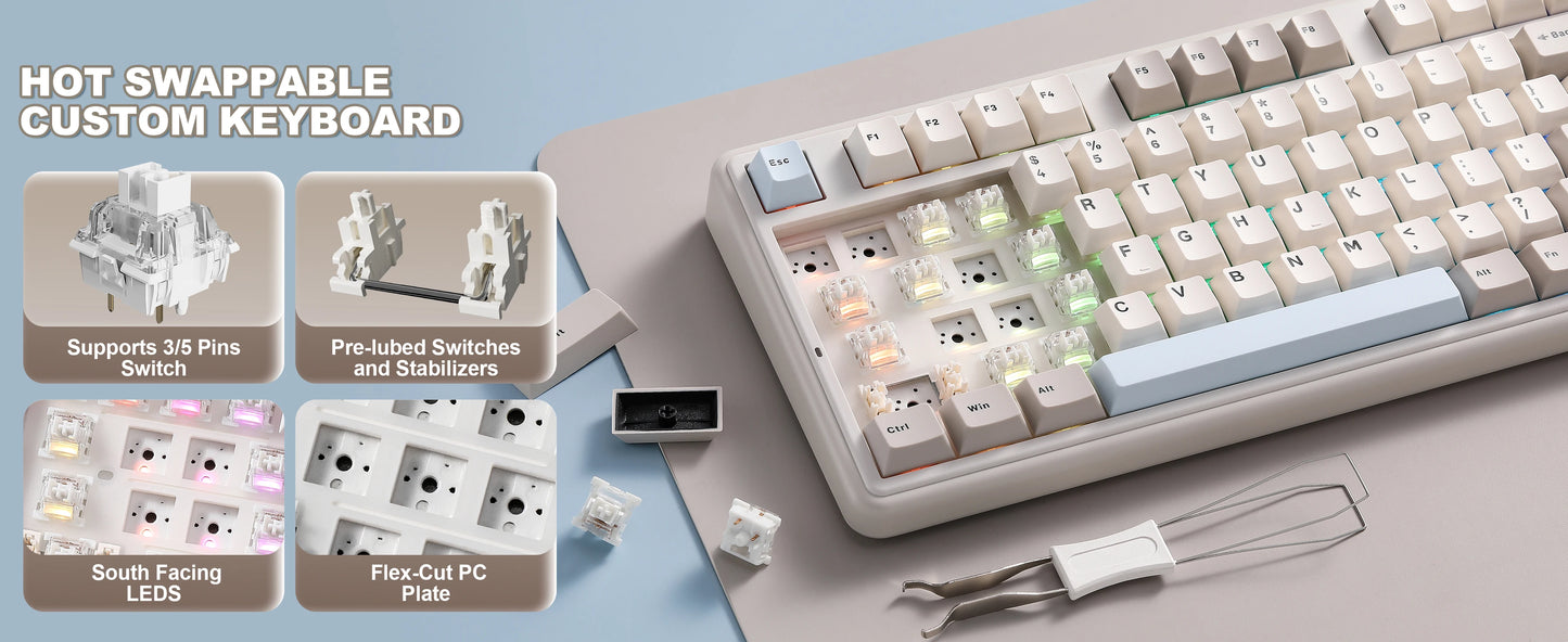 YUNZII B98 PRO QMK/VIA Wireless Mechanical Keyboard, 96% Layout Custom Gaming Keyboard, Hot-Swap Gasket RGB Keyboard for Win/Mac