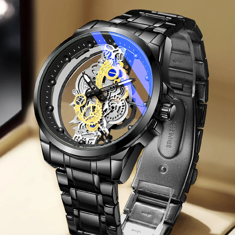 TPW Hot Trendy Fashion Wholesale Men Golden Black Blue Skeleton NOT Automatic Watch Quartz Wrist Watches Luxury 2024