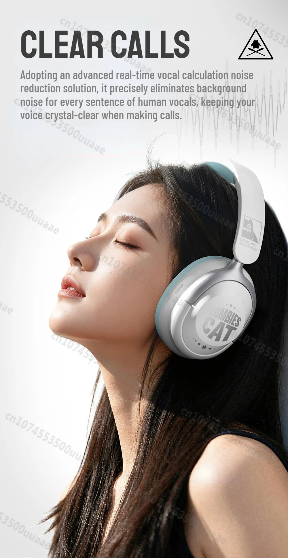Zombies Cat S10 ANC Bluetooth Headphones with 45dB Noise Cancellation, HiFi Stereo Wireless Over-Ear Headset with Mic