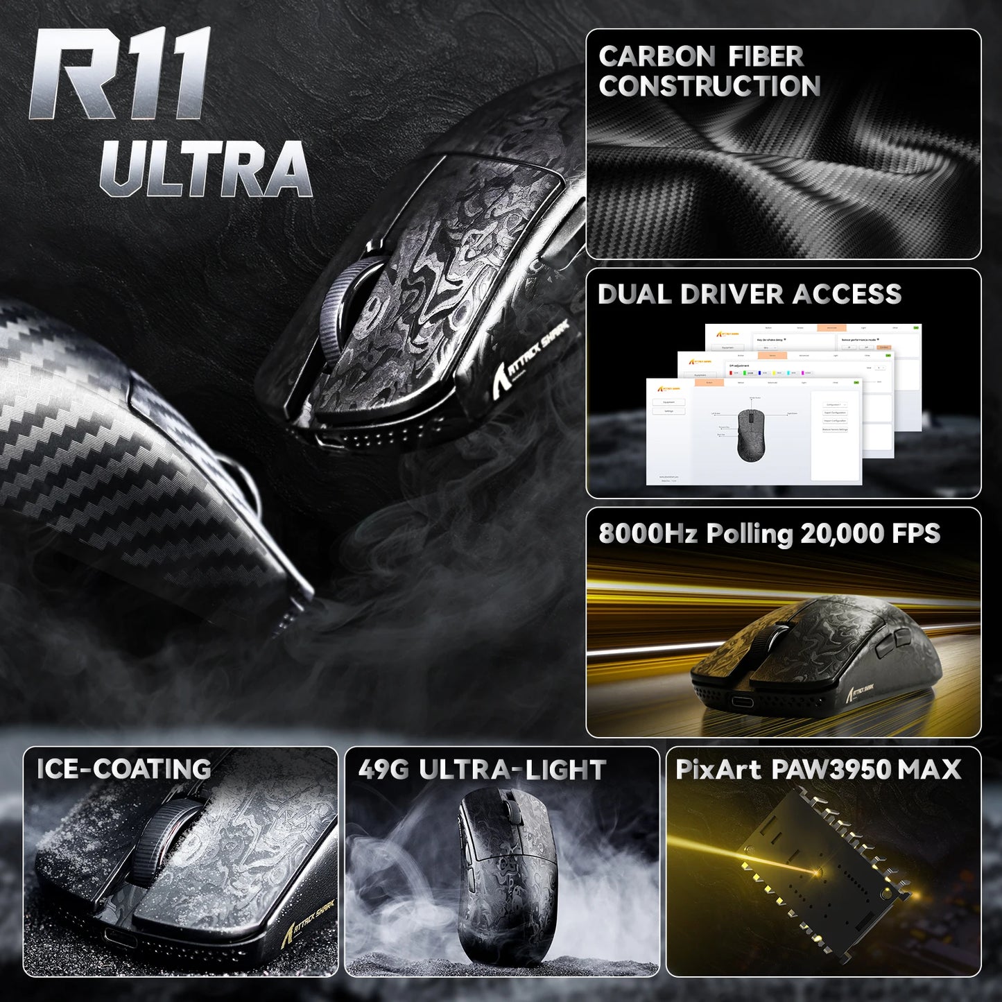 Mouse de gaming wireless ATTACK SHARK R11 ULTRA din fibră de carbon, 8000Hz, PAW3950MAX, 42000DPI, greutate redusă 49g, 20000FPS, Nordic 52840