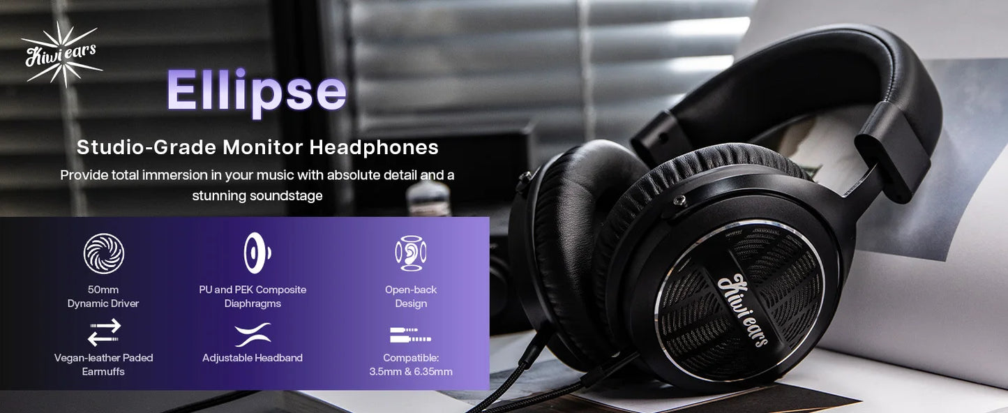 Linsoul Kiwi Ears Ellipse Studio-Grade Open-Back Dynamic Driver Headphones with Detachable Cable, Hi-Fi Bass Over-Ear Wired Headset
