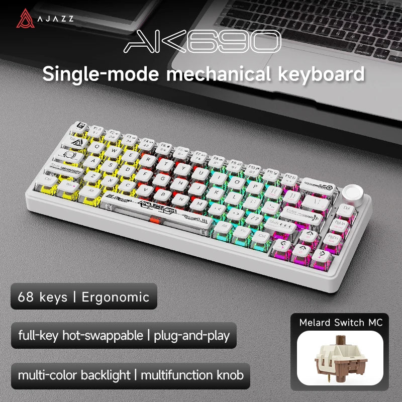 AJAZZ AK690 Clavier mécanique à 65 %, toutes les touches remplaçables à chaud, filaire USB Plug-and-Play, rétroéclairage mixte, 68 touches, clavier gaming pour ordinateur portable et PC