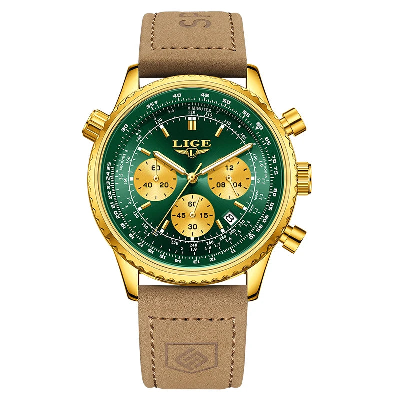 LIGE luxury men’s watch – Chronograph with date, stainless steel, water-resistant, luminescent, sporty and military style, men’s quartz watch