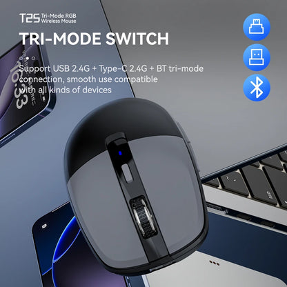 Tri-Mode Wireless Mouse with Dual USB & Type-C Receivers, Bluetooth 5.1 Rechargeable Silent RGB Mouse for Laptop, PC, Mac, Android & iOS
