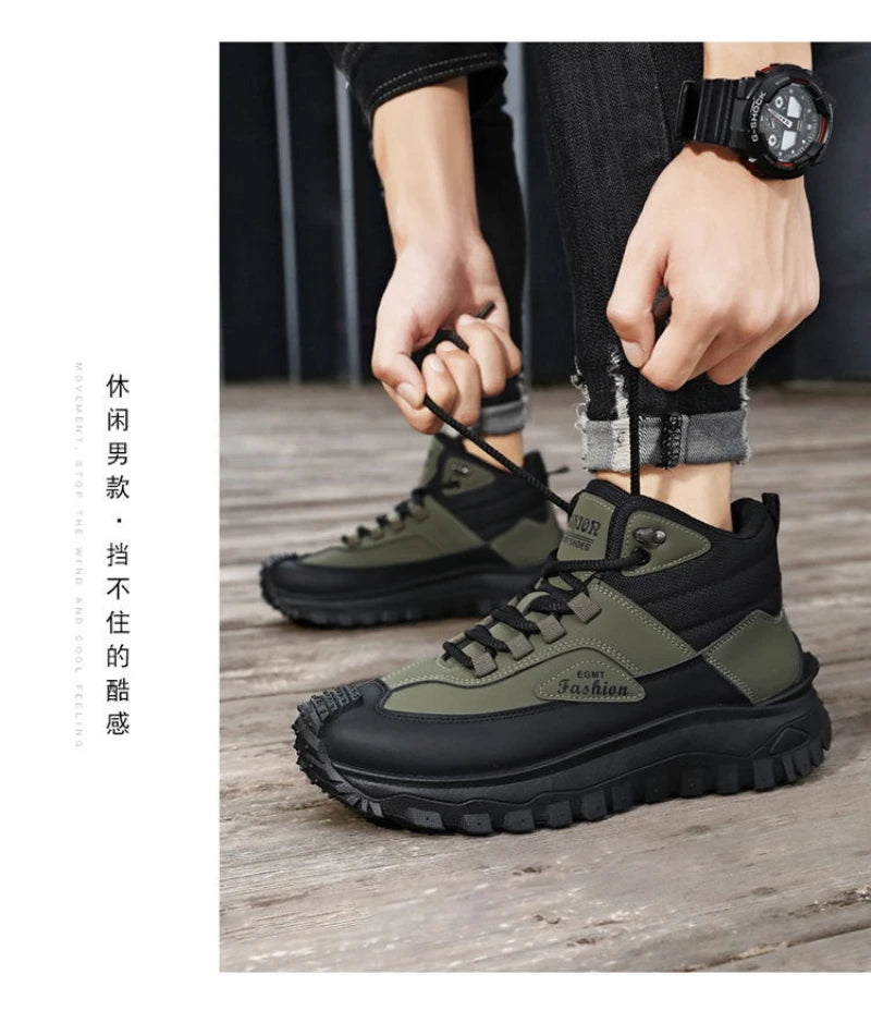 Botas de senderismo de caña media para hombre, en blanco y negro, de cuero impermeable, con plataforma, zapatillas antideslizantes para exterior, calzado informal con suela resistente