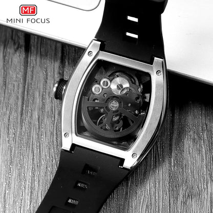 MINI FOCUS Men's Wristwatch Fashion Black Waterproof Automatic Mechanical Watch with Luminous Hands Silicone Strap Tonneau Dial