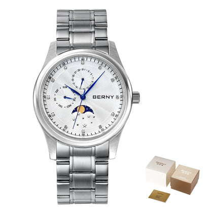 BERNY Men Watch Date Weeks Moon Phase Quartz Watches for Men Stainless Steel Leather Strap Business Wristwatch Male Clock