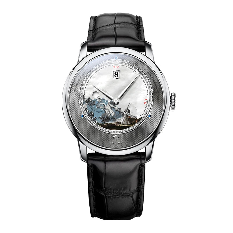 PONIGER Sapphire Crystal Glass Wrist Watch Painting Dial Man Leather Automatic Wristwatch MIYOTA 8219