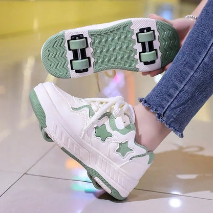 Chaussures de roller pour enfants - Roues rechargeables, couleurs tendance, finition brillante, pour les anniversaires, pour garçons et filles, chaussures décontractées deux-en-un