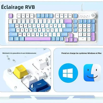 Kablet gaming-tastatur med mekanisk tastfølelse og drejeknap samt trefarvet blandet baggrundsbelysning til PC, stationær computer og bærbar computer – tilbehør