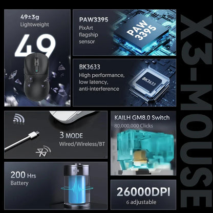 ATTACK SHARK X3 Pro Wireless Gaming Mouse, Tri-Mode Bluetooth & 2.4GHz PAW3395 26000 DPI Lightweight Gaming Mouse with 4KHz Polling Rate