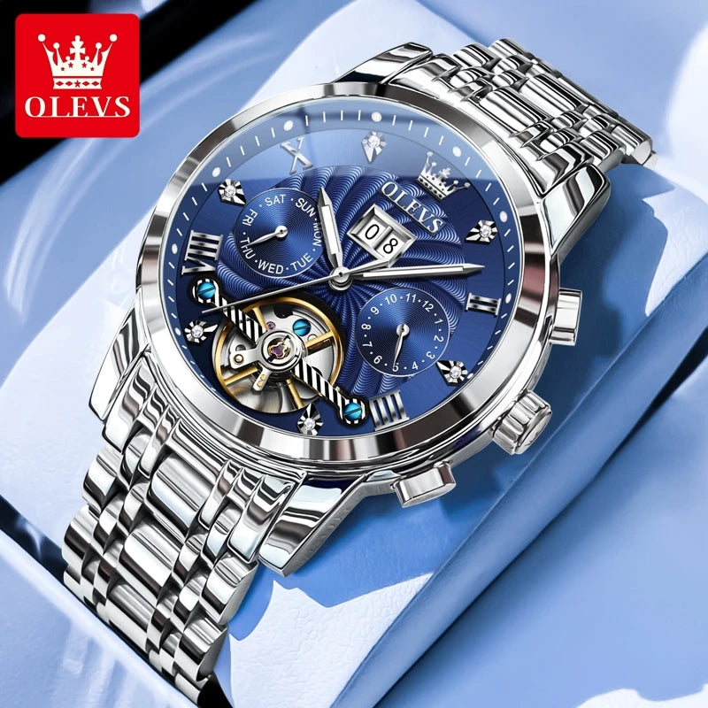 OLEVS 9910 Pánské hodinky Originální luxusní značka Vodotěsné Světélkující Automatické mechanické hodinky Hodinky s dvojitým kalendářem Krabička na hodinky Reloj