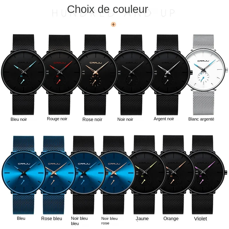 Montre pour homme CRRJU – Montre à quartz de luxe, style décontracté, fine, avec bracelet en maille d'acier, étanche et sportive.