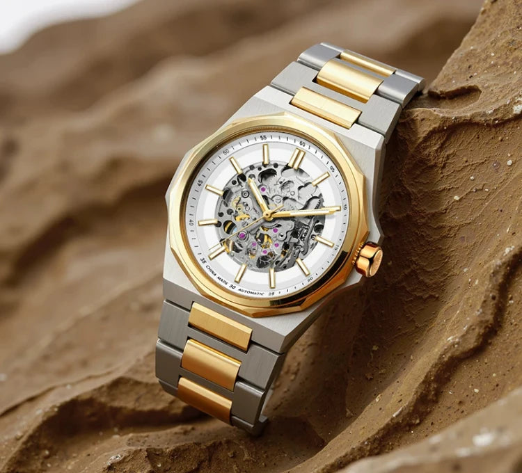 Shanghai Watch Dual Skeletonized Automatic Mechanical Watches 41mm Luminous Sapphire Men's Wristwatch 316L Stainless Steel S8008