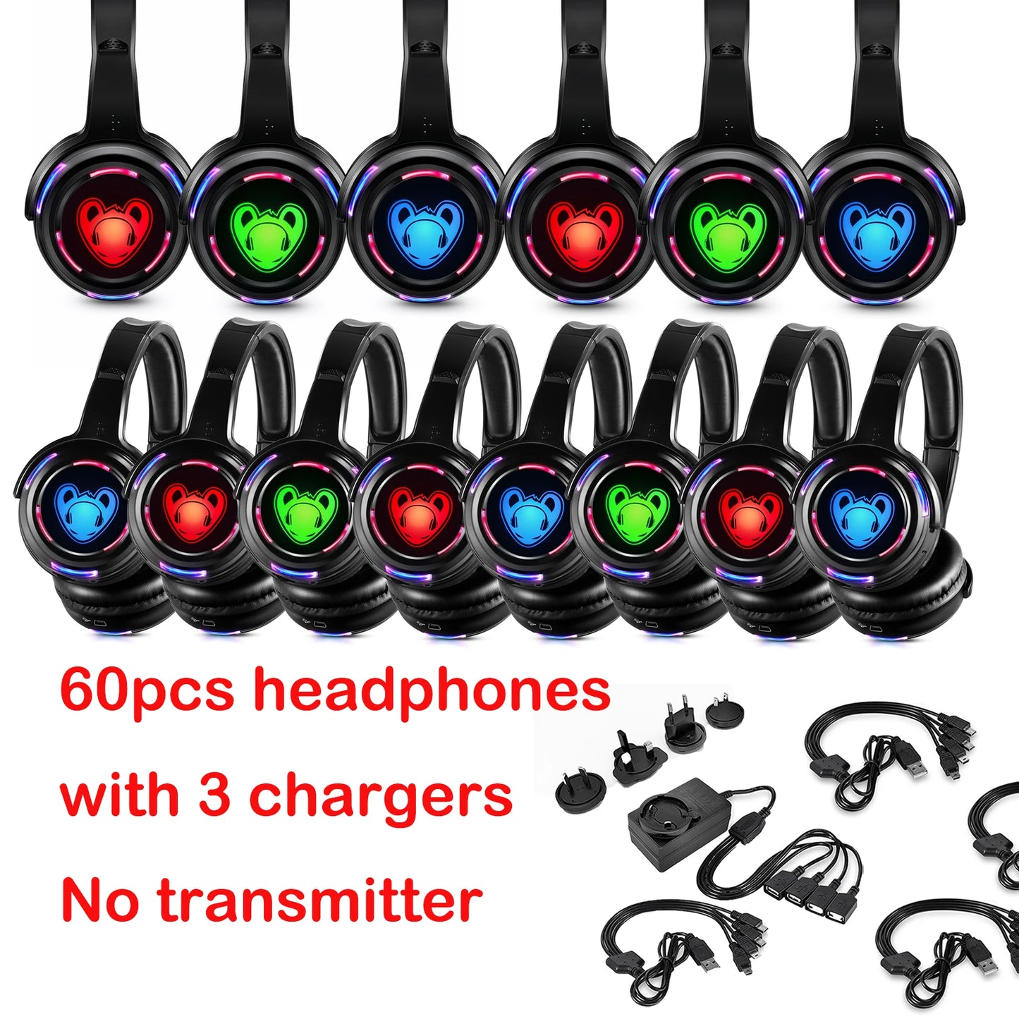 Silent Disco Wireless Headphones RF LED DJ Party Headset 863–865MHz/915MHz with 3-Channel LED Lighting & 10H Battery