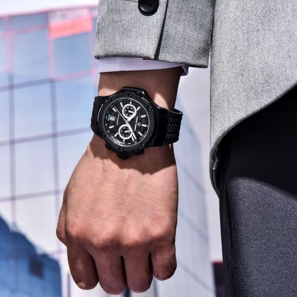 PAGANI DESIGN PD-YS032 Men's Quartz Watch 44mm Japan VK64 Movt Stainless Steel Case Rubber Strap Sapphire Glass 100M Waterproof
