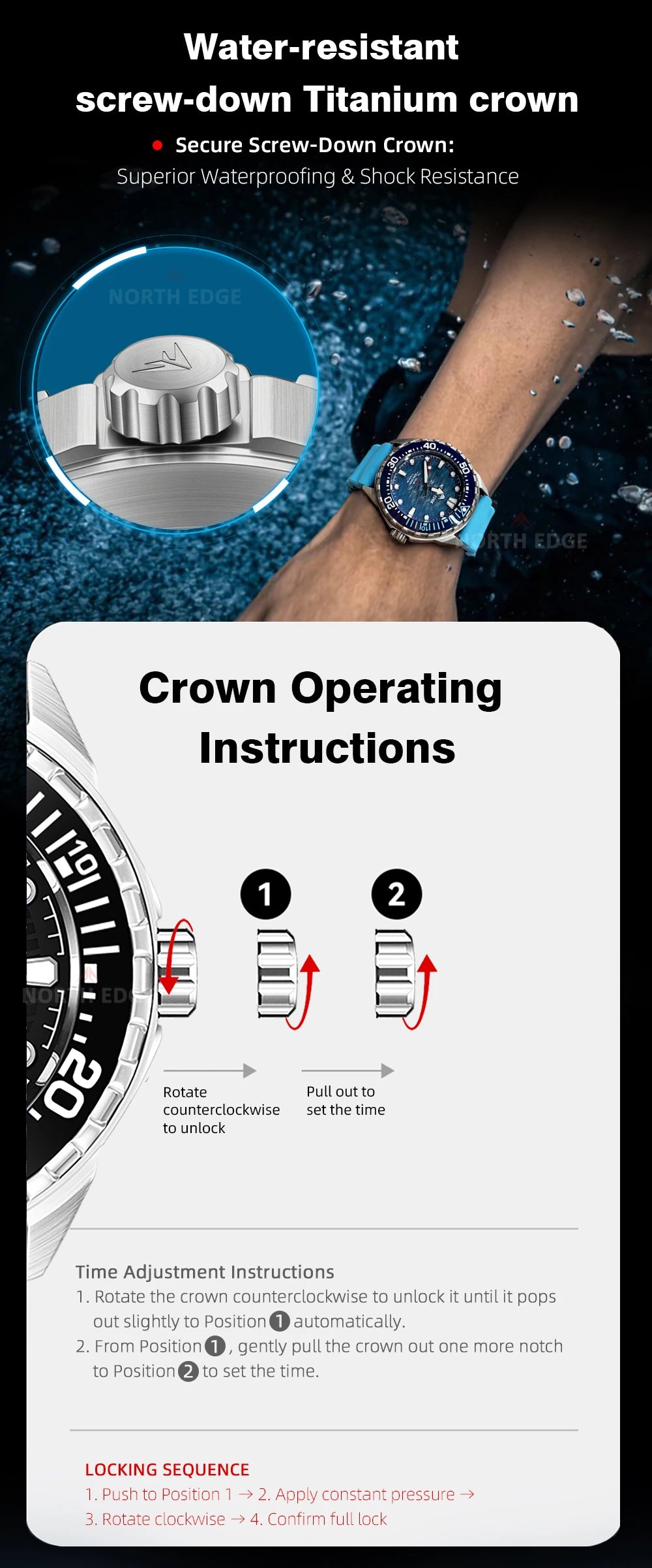 NORTH EDGE TRITON-TI Titanium Stainless Solar-Powered Diving Watch Luxury Quartz Watches For Men 300M Waterproof 180+ Day Power