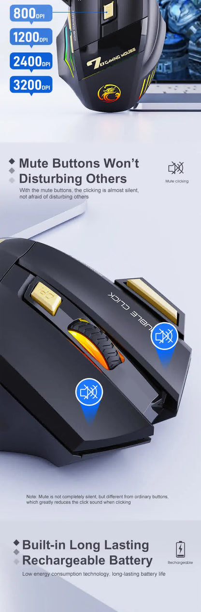 Wireless Bluetooth Rechargeable Gaming Mouse with RGB Backlight, Ergonomic Silent Computer Mouse, 7 Keys, Adjustable DPI for PC Laptop