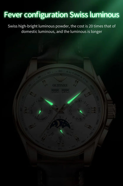 OUPINKE 3189 Classic Men's Watch Leather Strap Waterproof Moon phase Top Brand Automatic Mechanical Men's Wristwatch