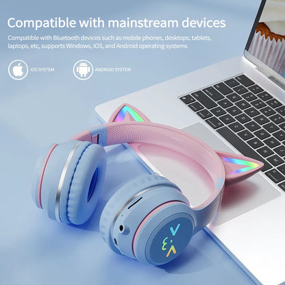 RGB Cat Ear Wireless Bluetooth Headphones for Kids & Girls, LED Light Stereo Gaming Headset with Microphone, Foldable Bluetooth Cat Ear Headphones