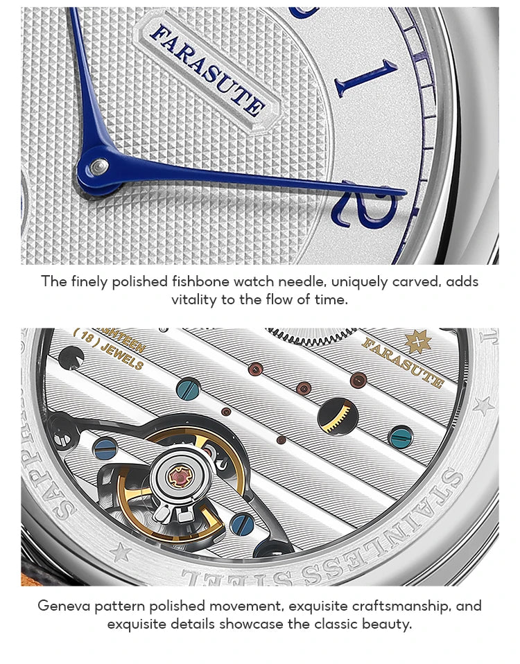 FARASUTE NEW Machinery Herrenuhr mit lachsfarbenem Zifferblatt, ST17 Handaufzug-Mechanikuhr, Kleine Sekunde, Vintage-Bonklip-Armband