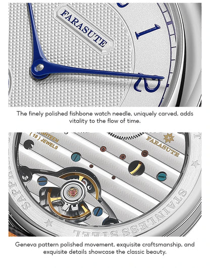 FARASUTE NEW Machinery Herrenuhr mit lachsfarbenem Zifferblatt, ST17 Handaufzug-Mechanikuhr, Kleine Sekunde, Vintage-Bonklip-Armband