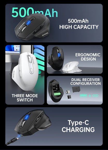 Wireless Tri-Mode Gaming Mouse with Bluetooth & 2.4G Dual Receiver, Rechargeable Wireless Gaming Mouse with Battery Display for PC, Laptop & Office