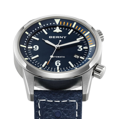 BERNY Men's Automatic Diver Watch Supper Luminous Sapphire AR Coated MlYOTA 8215 Leather Strap Mechanical Diving Watches for Men
