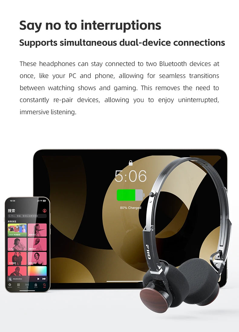 FIIO EH11 On-Ear Bluetooth Headphones – Hi-Res LDAC Wireless Bass Headset, 30H Battery, Dual Device Connection & Lightweight Retro Design