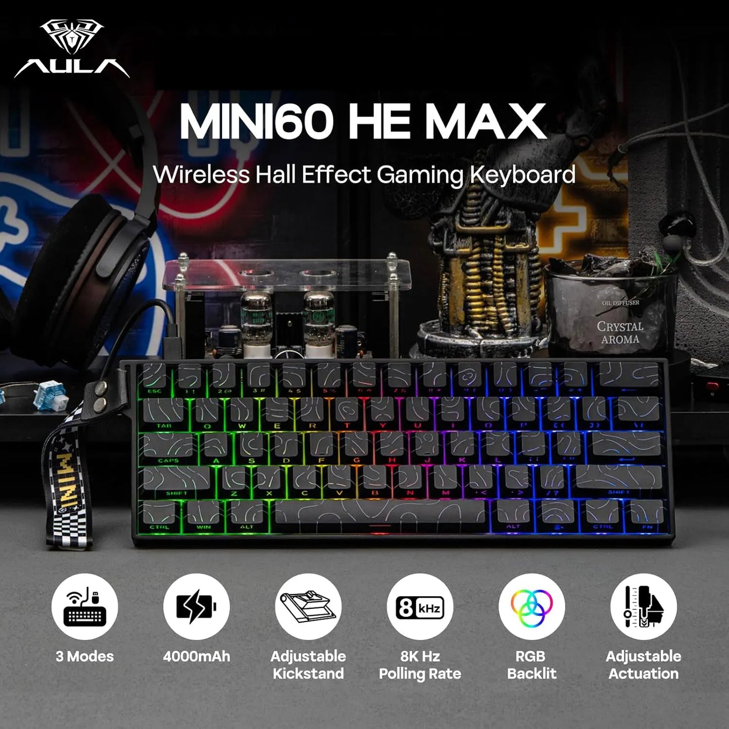 AULA Mini60 HE/Pro/Max 60% Magnetic Switch Gaming Keyboard RGB Tri Mode Mechanical Keyboard 8000Hz 0.01mmRT for E-Sports Gifts