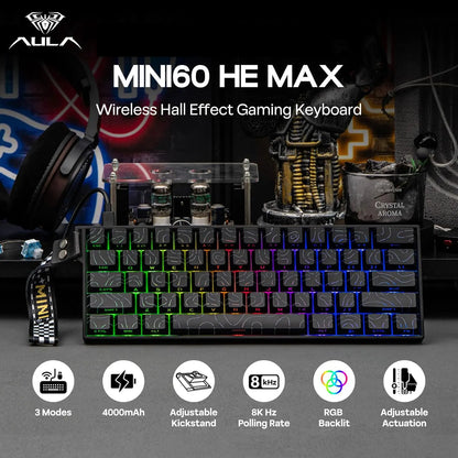 AULA Mini60 HE/Pro/Max 60% Magnetic Switch Gaming Keyboard RGB Tri Mode Mechanical Keyboard 8000Hz 0.01mmRT for E-Sports Gifts