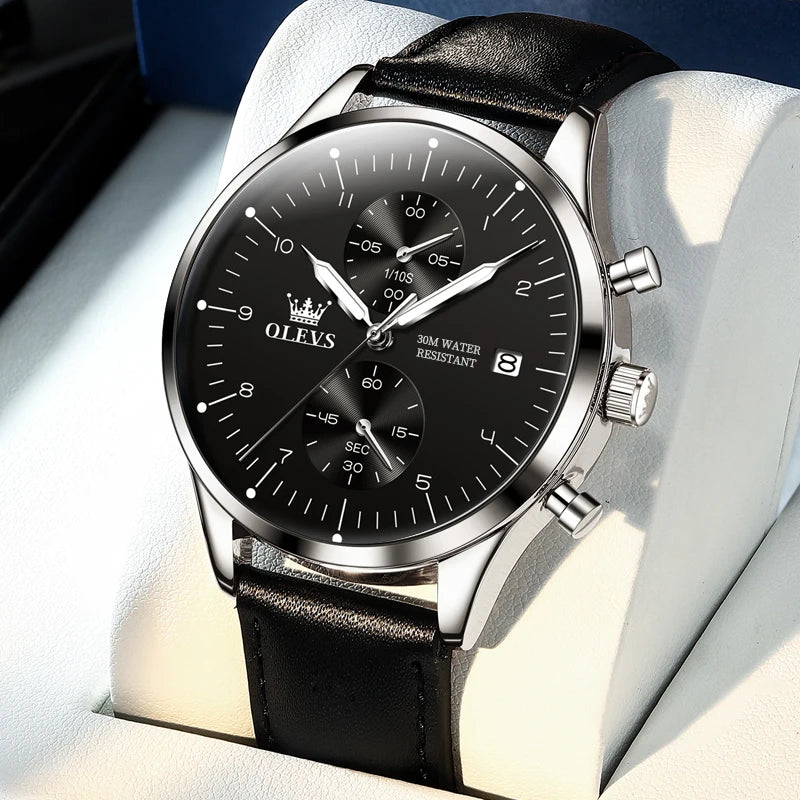 Zegarek męski OLEVS 2880 – elegancki i minimalistyczny chronograf, skórzany pasek, automatyczne wyświetlanie daty, wodoodporny, luminescencyjne wskazówki, mechanizm kwarcowy.