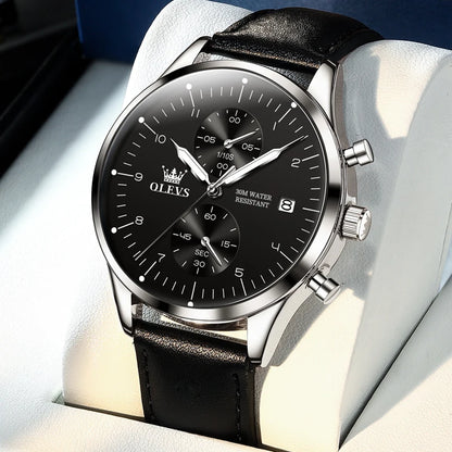 Zegarek męski OLEVS 2880 – elegancki i minimalistyczny chronograf, skórzany pasek, automatyczne wyświetlanie daty, wodoodporny, luminescencyjne wskazówki, mechanizm kwarcowy.