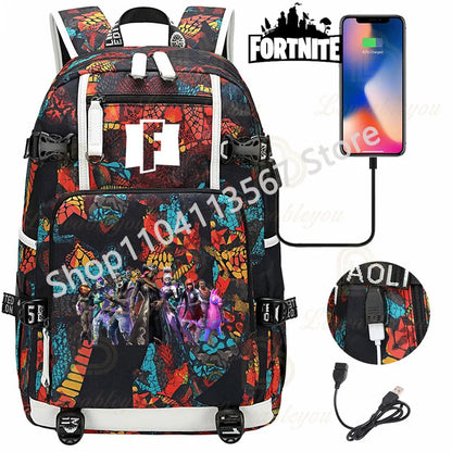 Mochila Red Jade F-Fortnited Battle Royale com carregamento USB, figuras anime e compartimento para material escolar para estudantes