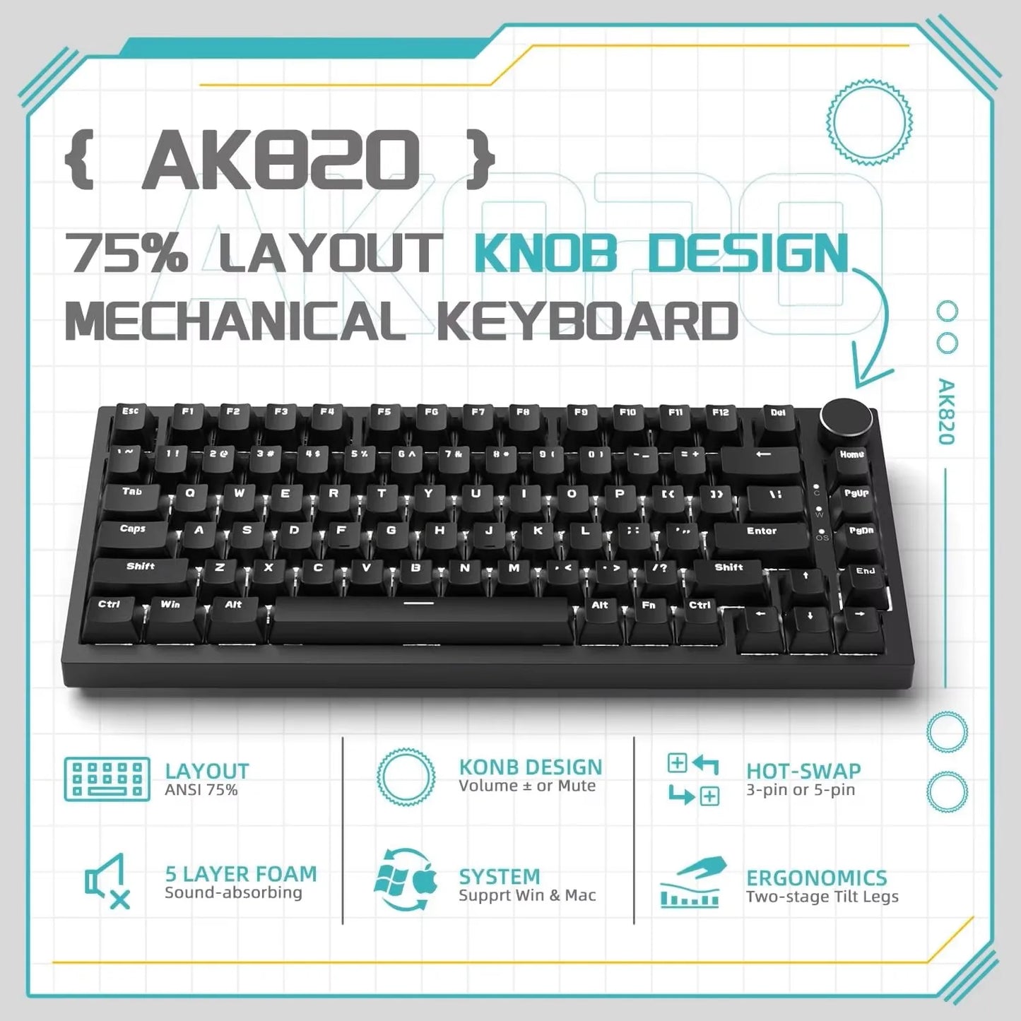 AJAZZ AK820 Wired Mechanical Keyboard Full-Key Hot-Swap Keyboard with Removable USB Port, White & Ice Blue Backlit Gaming Keyboard for PC