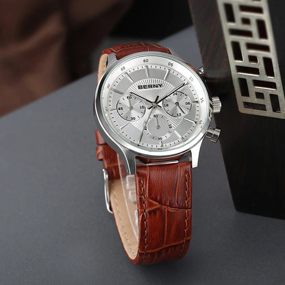 BERNY 24H Chronograph Watch for Men Luxury VD54 Watches Fashion Waterproof Genuine Leather Strap Quartz Sport Men's Wristwatch