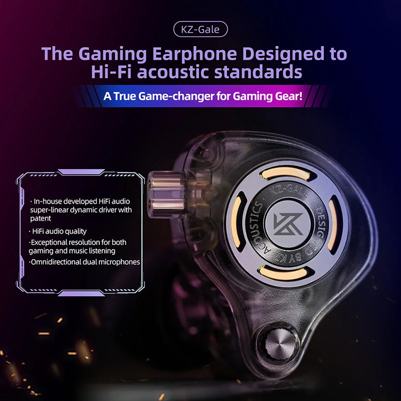 KZ Gale Gaming IEM Earphones – HiFi Super-Linear Driver In-Ear Monitor with Detachable Silver-Plated 2-Pin Cable