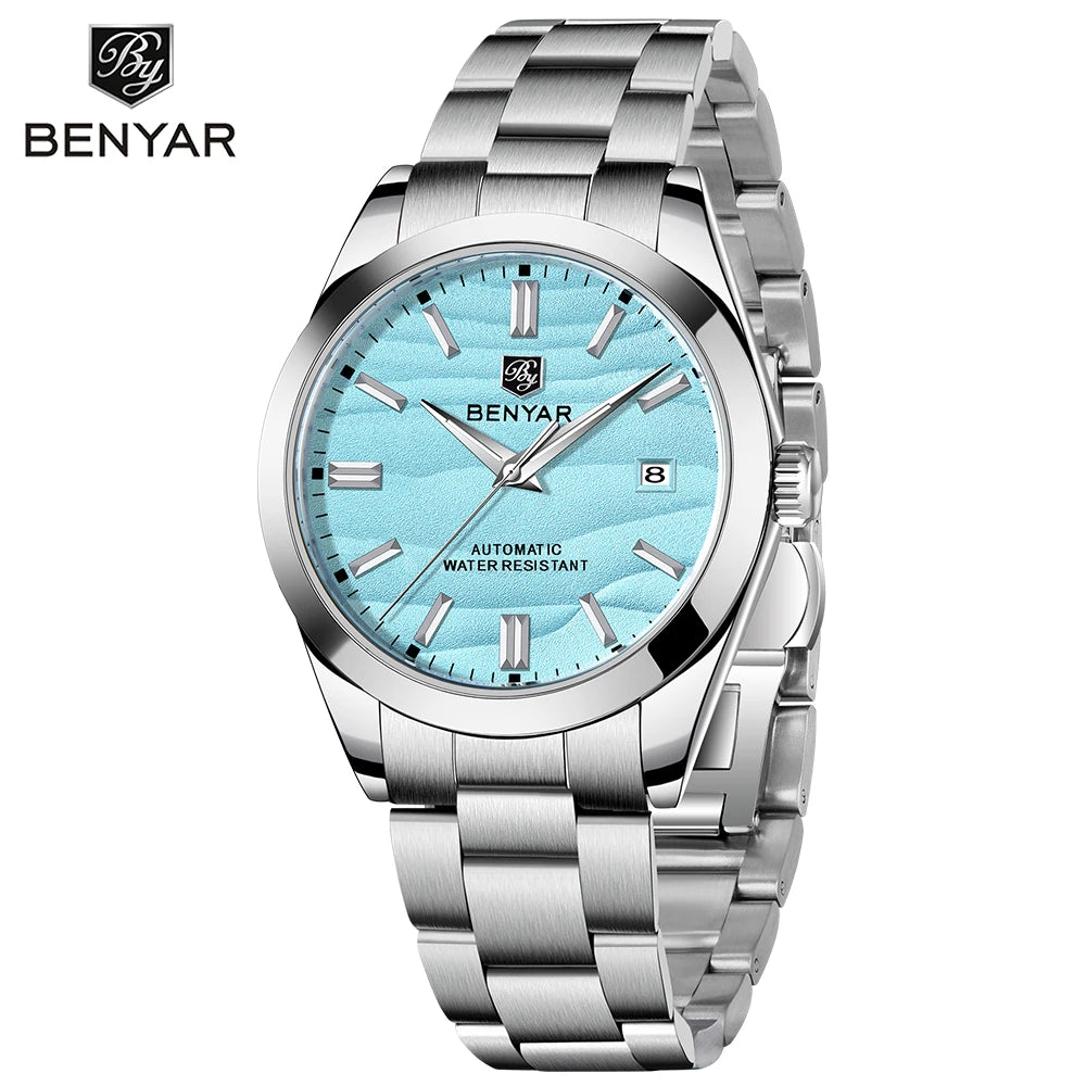 BENYAR luxury brand 40MM sand grain dial men's watch, stainless steel 50 meter waterproof automatic mechanical watch